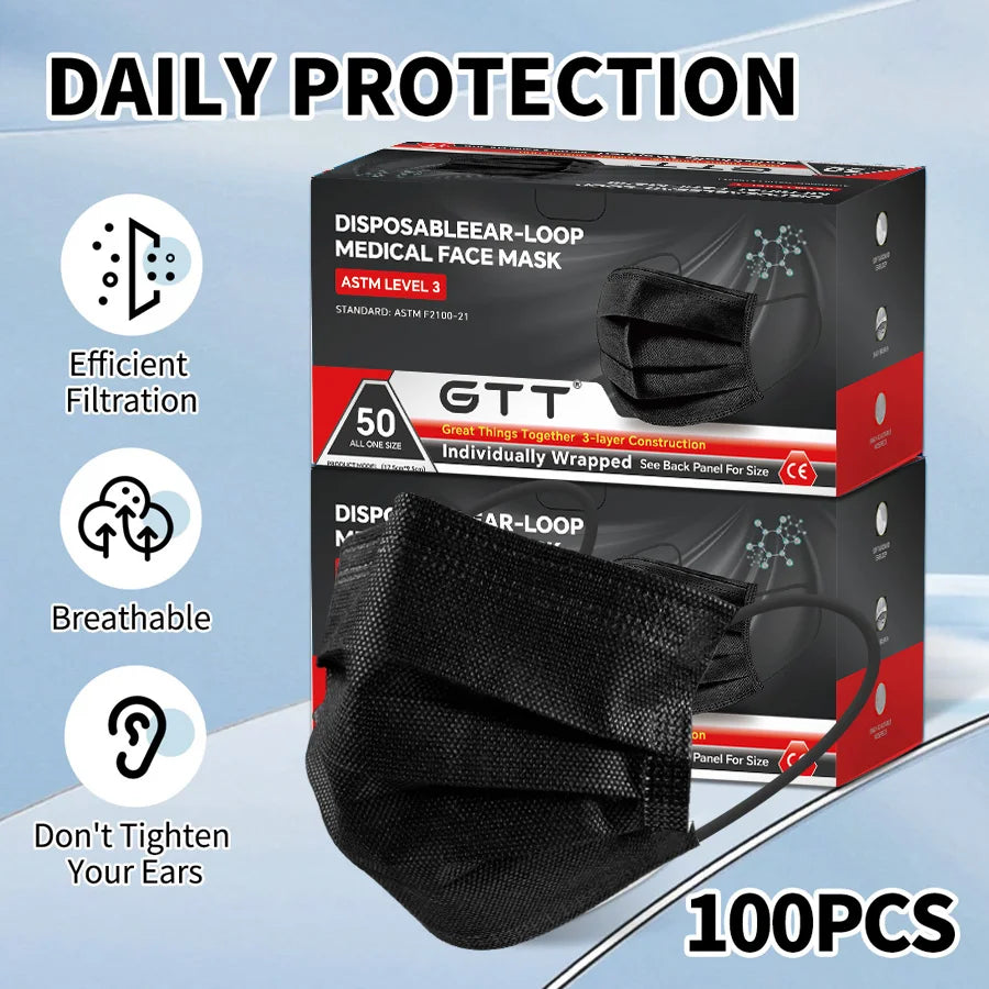 50-200Pcs Disposable Protective Face Masks Black Individual Packaging 3 Ply Earloop Adults Fashion Anti-dust Flat Mask Wholesale