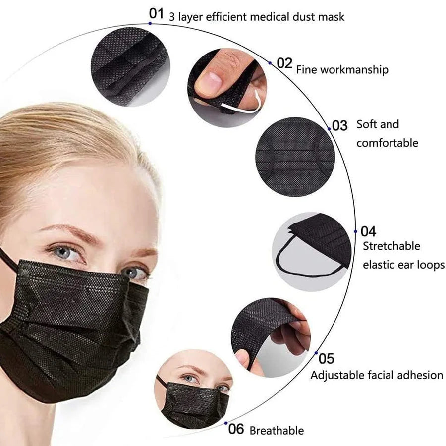 50-200Pcs Disposable Protective Face Masks Black Individual Packaging 3 Ply Earloop Adults Fashion Anti-dust Flat Mask Wholesale